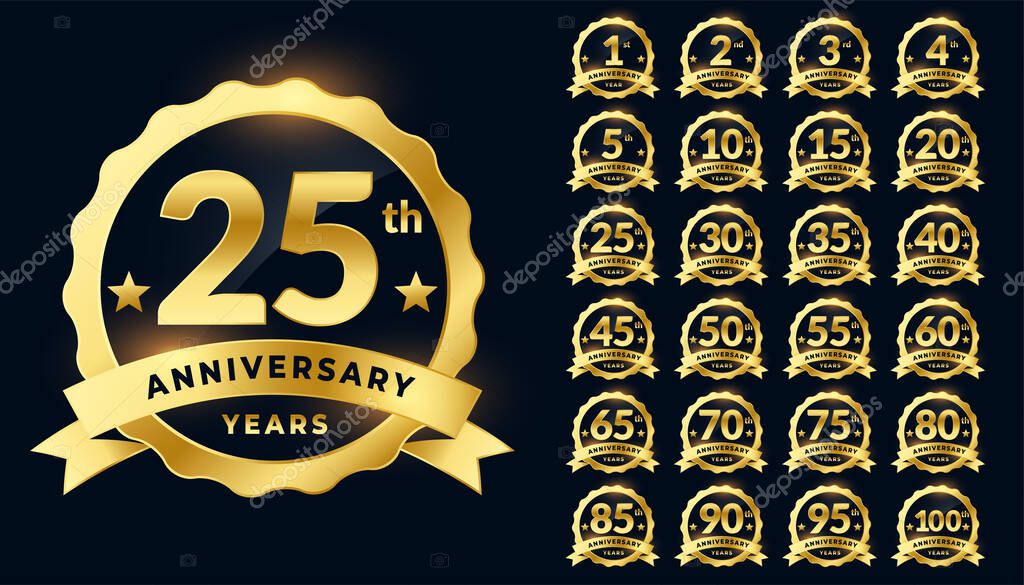 Wedding anniversary golden badge label logotype set