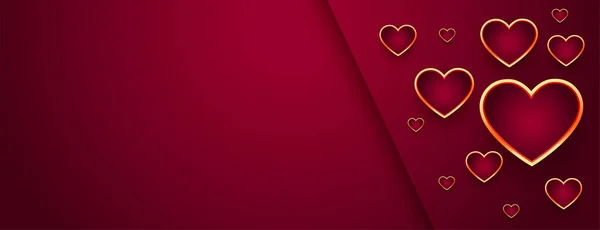 Beautiful Red Valentines Day Banner Golden Hearts — Stock Vector