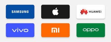 Samsung Apple Xiaomi ve daha fazlası dahil olmak üzere en büyük akıllı telefon üretim şirketlerinin logoları.