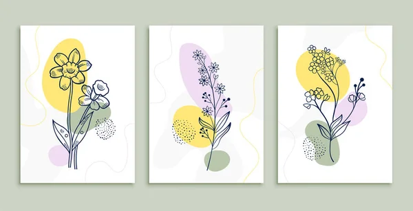 Línea Flores Carteles Dibujo Conjunto Mínimo Arte Botánico — Vector de stock