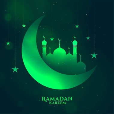 Greem Ramazan Kareem 'in parlak arka planı ay ve cami ile