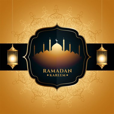 Altın Ramazan Kareem, cami ve fenerle selamlıyor.