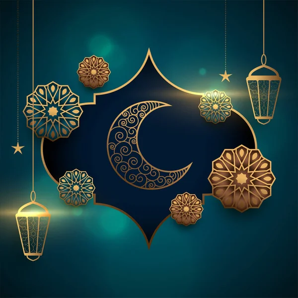 Kartu Eid Mubarak Realistis Dengan Lentera Dan Bulan - Stok Vektor