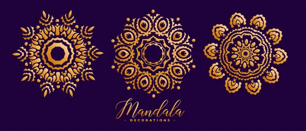 Drie Decoratieve Gouden Mandala Patroon Set — Stockvector