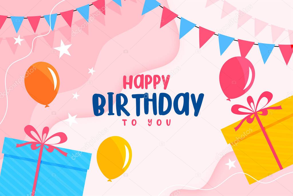 happy birthday flat card with balloons and gift boxes