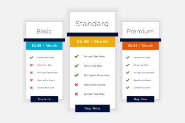 Web fiyatlandırma tablosu ögeleri karşılaştırma kutusu 