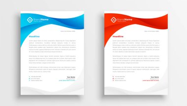 Dalgalı stil mavi ve kırmızı resmi antetli şablon iki vektör kümesi