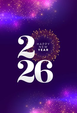 Havai fişek kutlama vektörlü mutlu yeni yıl 2026 parti posteri