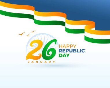 şık Hint cumhuriyet günü 26 Ocak arka planı üç renkli kurdele ve ashoka çakra vektörüyle