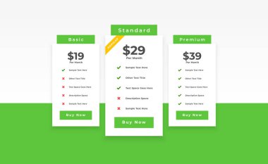 3 seçenekli temel, standart ve premium tablo şablon vektörü