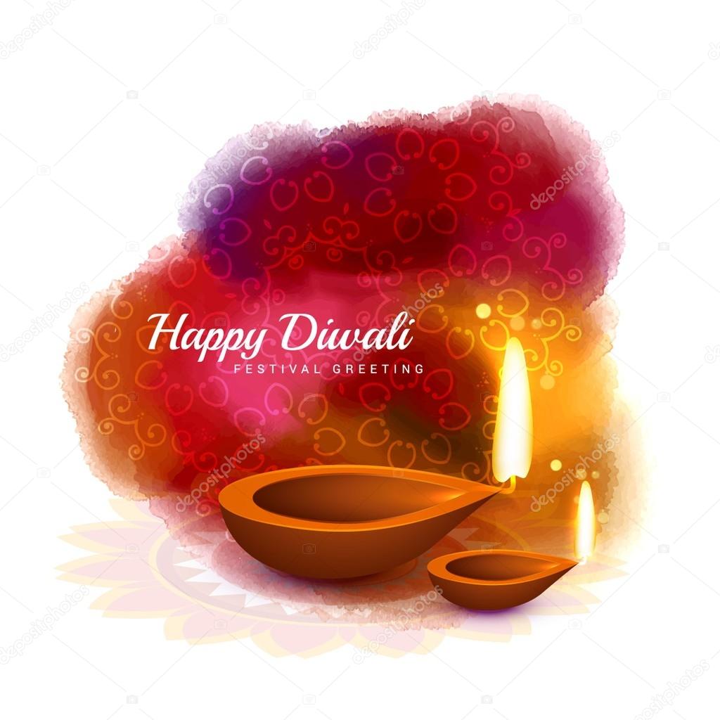 happy diwali colorful design with diya in watercolor style