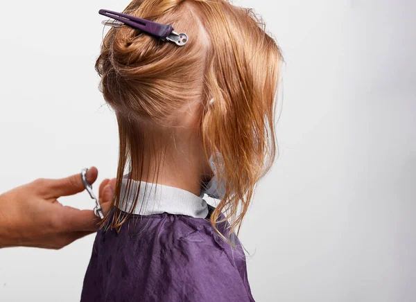 Hair Cutting Process Beautiful Little Girl Medical Mask Face Barber — Stock Photo, Image