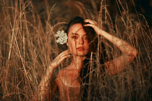 Beautiful Woman Face Stand Wild Grass Forest Bush Sunny Rays — Stok fotoğraf