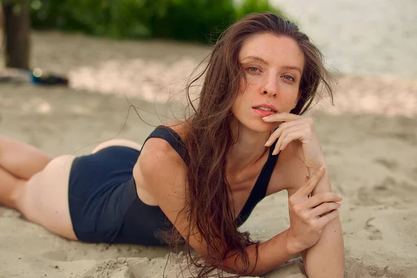 Portrait Charming Skinny Woman Lying Beach Sand Seductive Swimsuit Sexy — Stock Photo, Image
