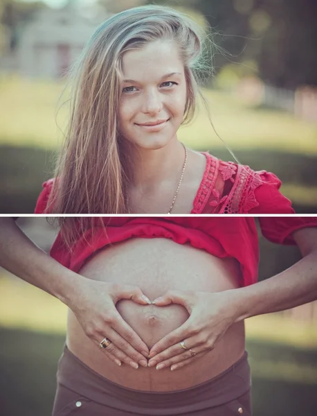 Happy Young pregnant woman relaxing at a park — Stock Photo, Image