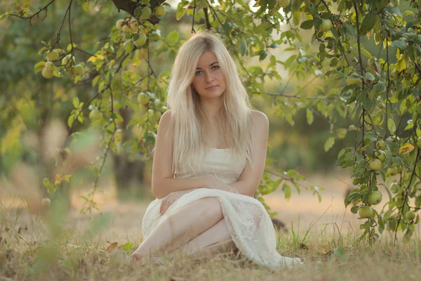 Beautiful young woman sedit on the grass under the apple tree — Stock Photo, Image