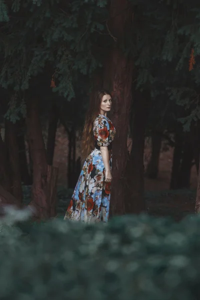 Bella giovani boho donna in piedi in foresta — Foto Stock