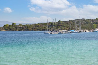 Yelkenli tekne, güneşli bir günde mavi suyu olan güzel bir körfezde yat, Chalkidiki, Yunanistan