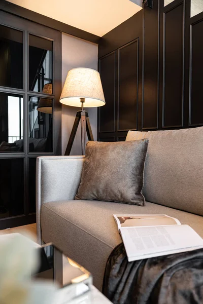Stylish Living Corner Velvet Tan Color Sofa Setting Soft Pillows Royalty Free Stock Images