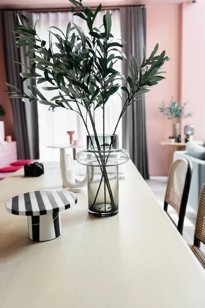 Dining Corner Decorated Glass Vase Artificial Plant Stripe Marble Tray Fotografias De Stock Royalty-Free