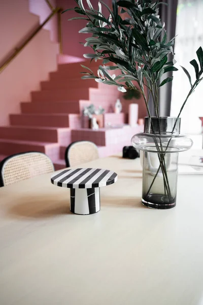 Dining Corner Decorated Glass Vase Artificial Plant Stripe Marble Tray Imagem De Stock