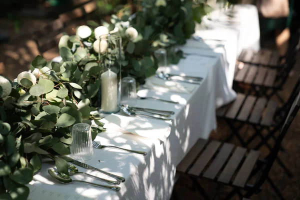 Wedding Table Decorated White Flower Candle Glass Vase Green Leaf Stock Photo