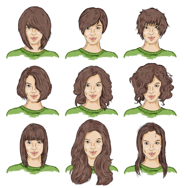 Set of Color Sketch Female Faces — Stock Vector