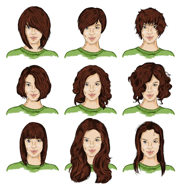 Set of Color Sketch Female Faces — Stock Vector