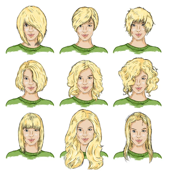 Conjunto de Dibujo de Color Caras Femeninas — Vector de stock