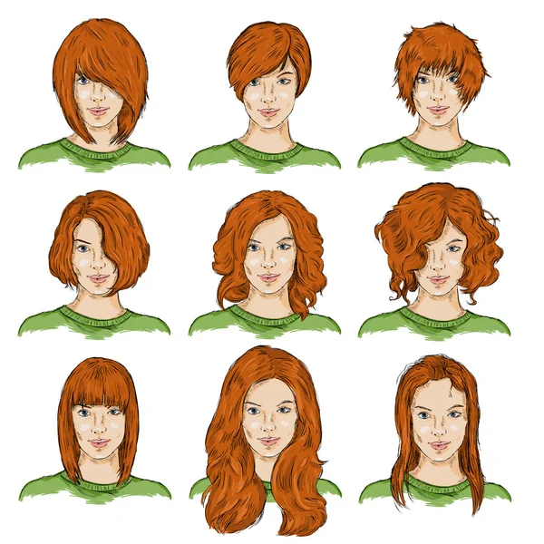 Conjunto de cores esboço rostos femininos — Vetor de Stock