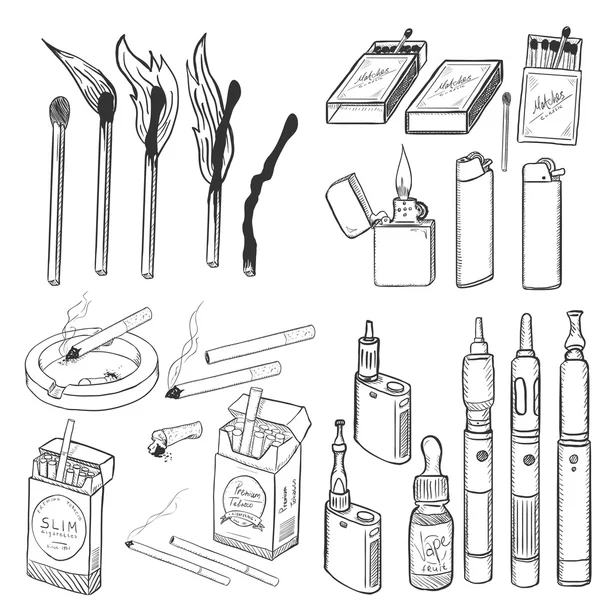 Conjunto de bocetos para fumar y aspirar — Vector de stock