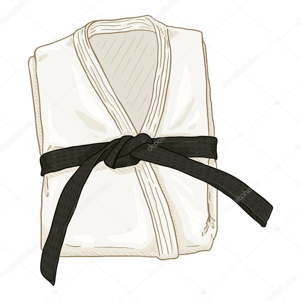 Folded White Karate Kimono with Black Belt. Vector Cartoon Gi Illustration.