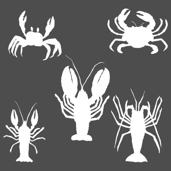 Vector Set Sea Animals Omar Lobster Crab Crustaceans Silhouette Illustrations — Stock Vector