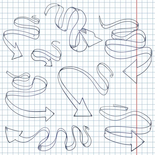 Ensemble Vectoriel Flèches Ruban Dessinées Main Sur Papier Carreaux — Image vectorielle