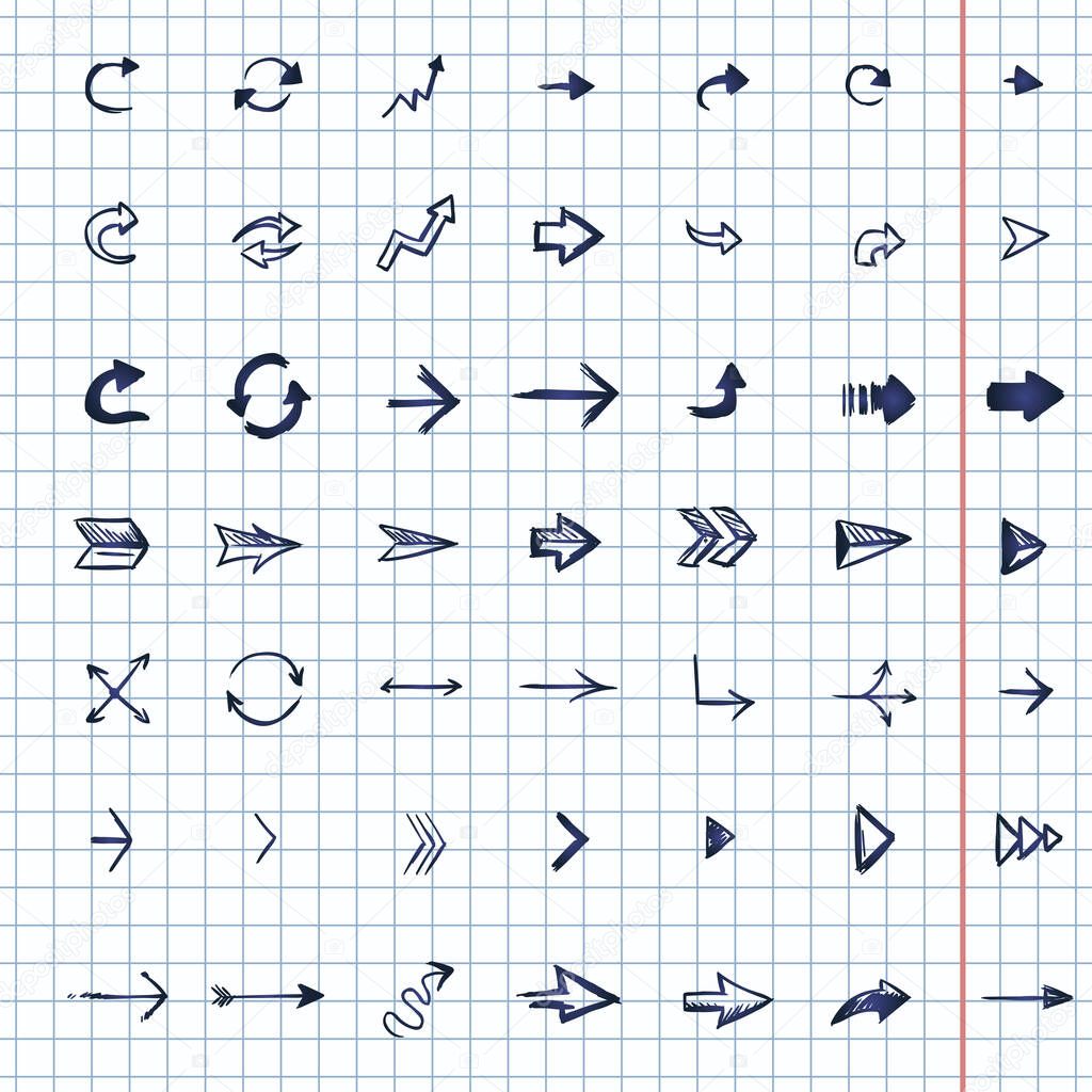 Vector Set of 49 Sketch Arrows and Cursors on Checkered Background