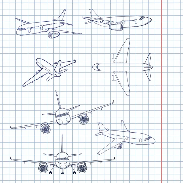 Vektor Uppsättning Sketch Flygplan Civila Flygplan Side Front Back Och — Stock vektor