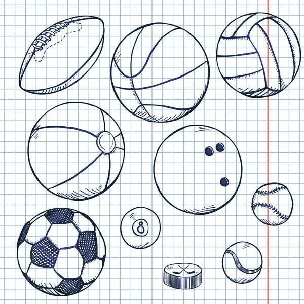 Ensemble Boules Sport Vectorielles Sur Papier Carreaux — Image vectorielle