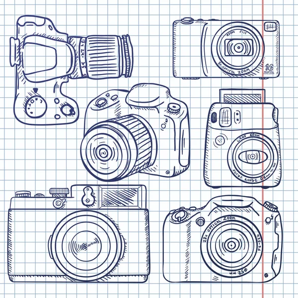 Ensemble Vectoriel Caméras Croquis Sur Fond Carreaux — Image vectorielle