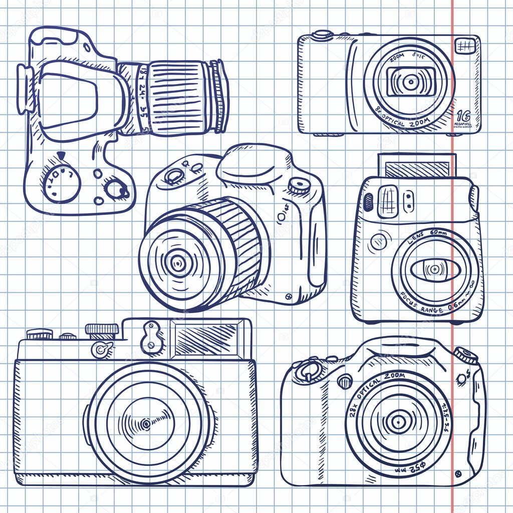 Vector Set of Sketch Cameras on Checkered Background
