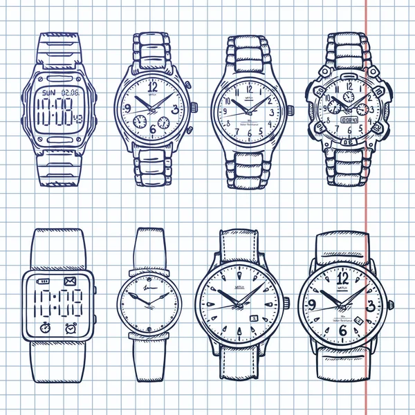 Conjunto Vetores Relógios Pulso Sketch Fundo Xadrez — Vetor de Stock