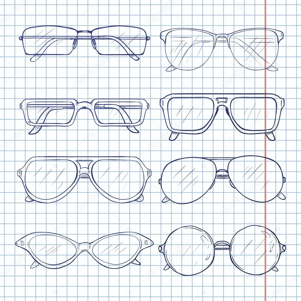 Vector Set of Sketch Glasses. Eyeglass Frames.