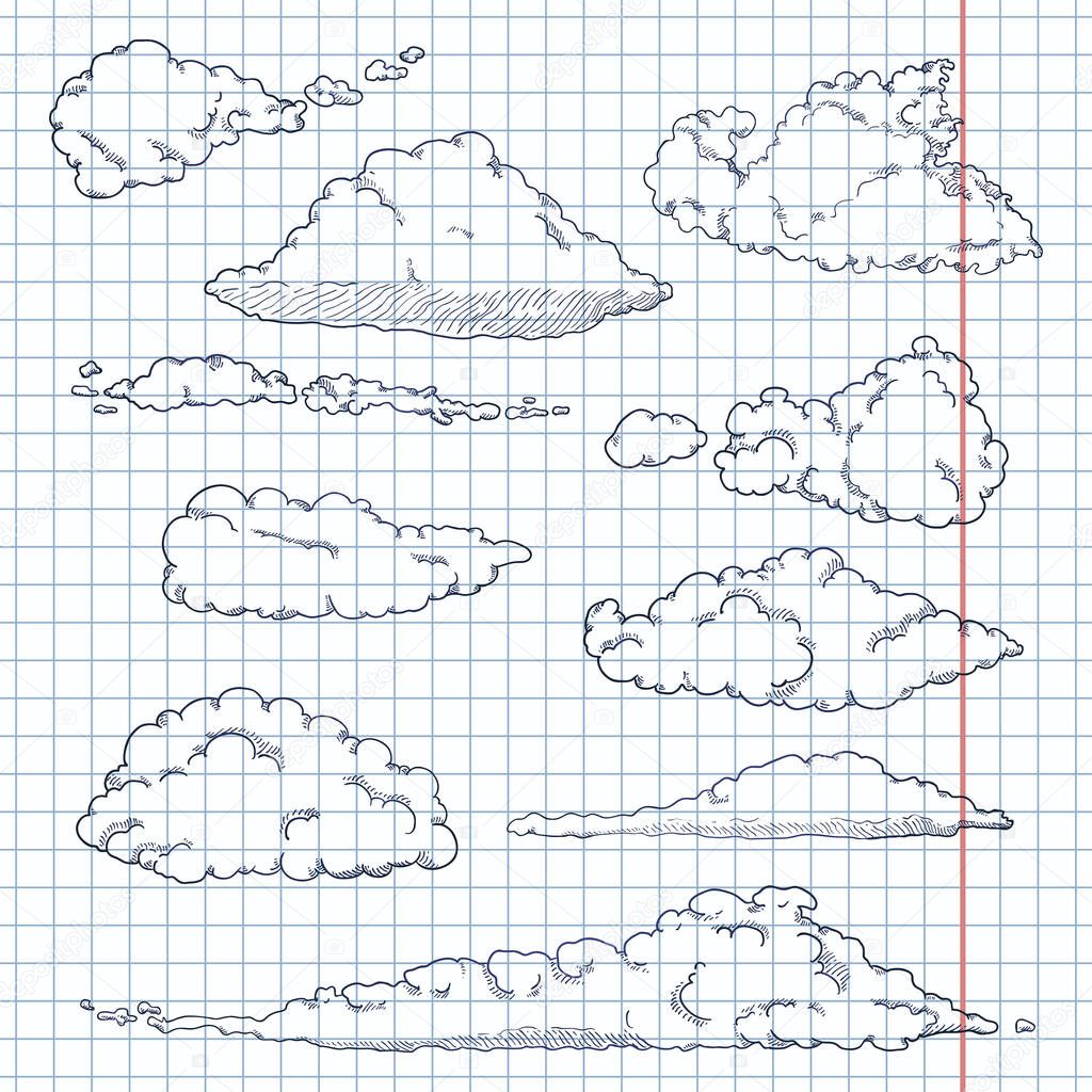 Vector Set of Sketch Clouds on Checkered Background