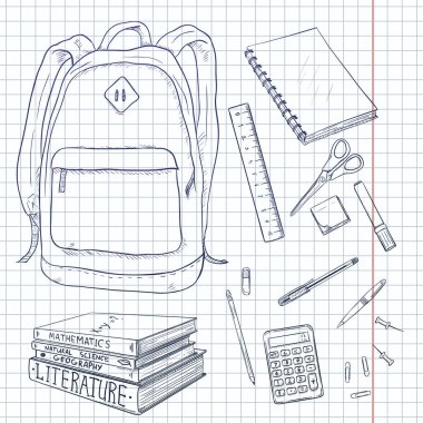 Sketch Sırt Çantası ve Okul Malzemeleri Vektör Seti. Kırtasiye, Kitap ve Defter.