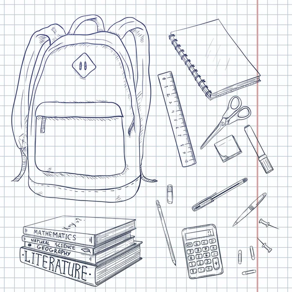 Vector Set Sketch Σακίδιο Πλάτης Και Σχολικά Είδη Γραφική Ύλη — Διανυσματικό Αρχείο