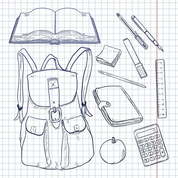 Ensemble Vectoriel Sacs Dos Sketch Fournitures Scolaires Sur Papier Carreaux — Image vectorielle