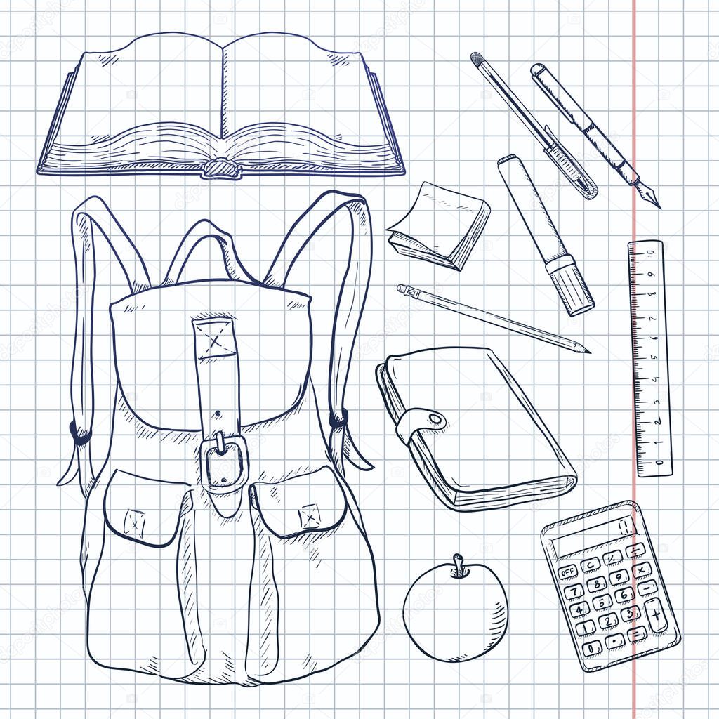 Vector Set of Sketch Backpack and School Supplies on Checkered Paper