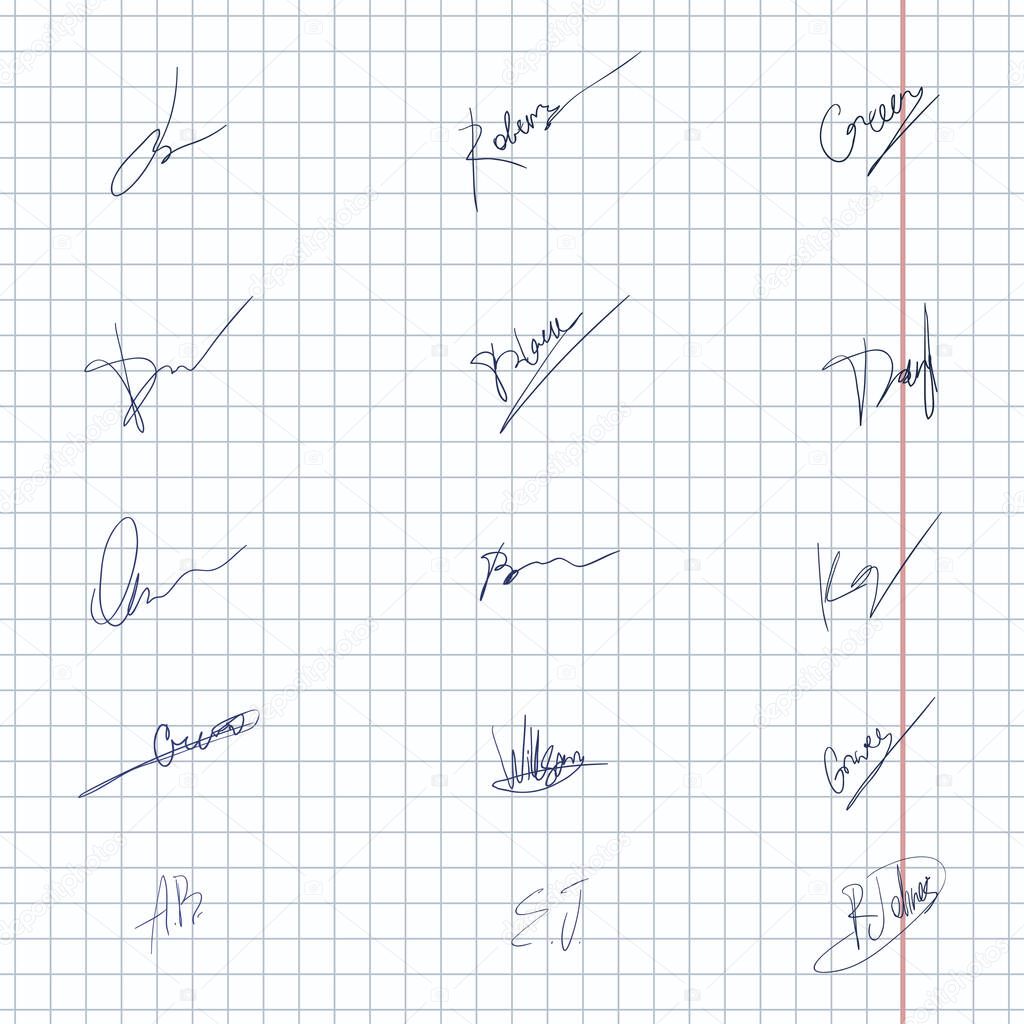 Vector Set of Personal Handwritten Signatures. English and American Names.