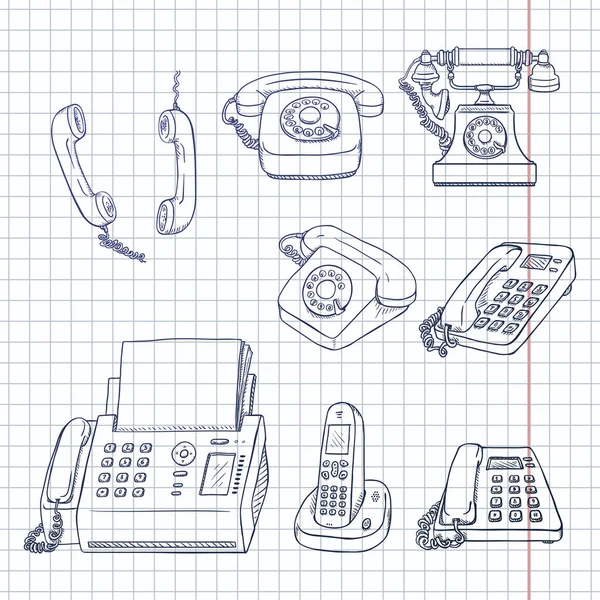 Vektor Uppsättning Blue Sketch Telefoner Och Telefoner Insamling Telefoner — Stock vektor