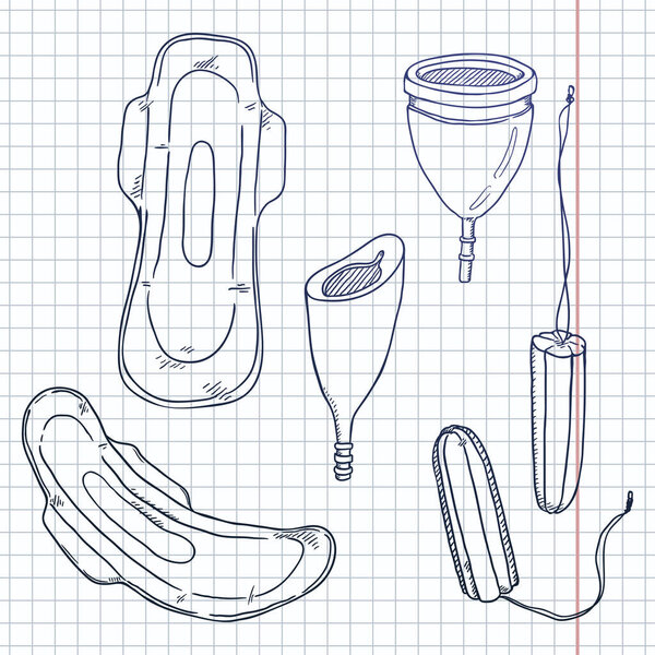 Vector Sketch Set of Women Intimate Hygiene Items. Tampons, Menstrual Cups and Sanitary Towels