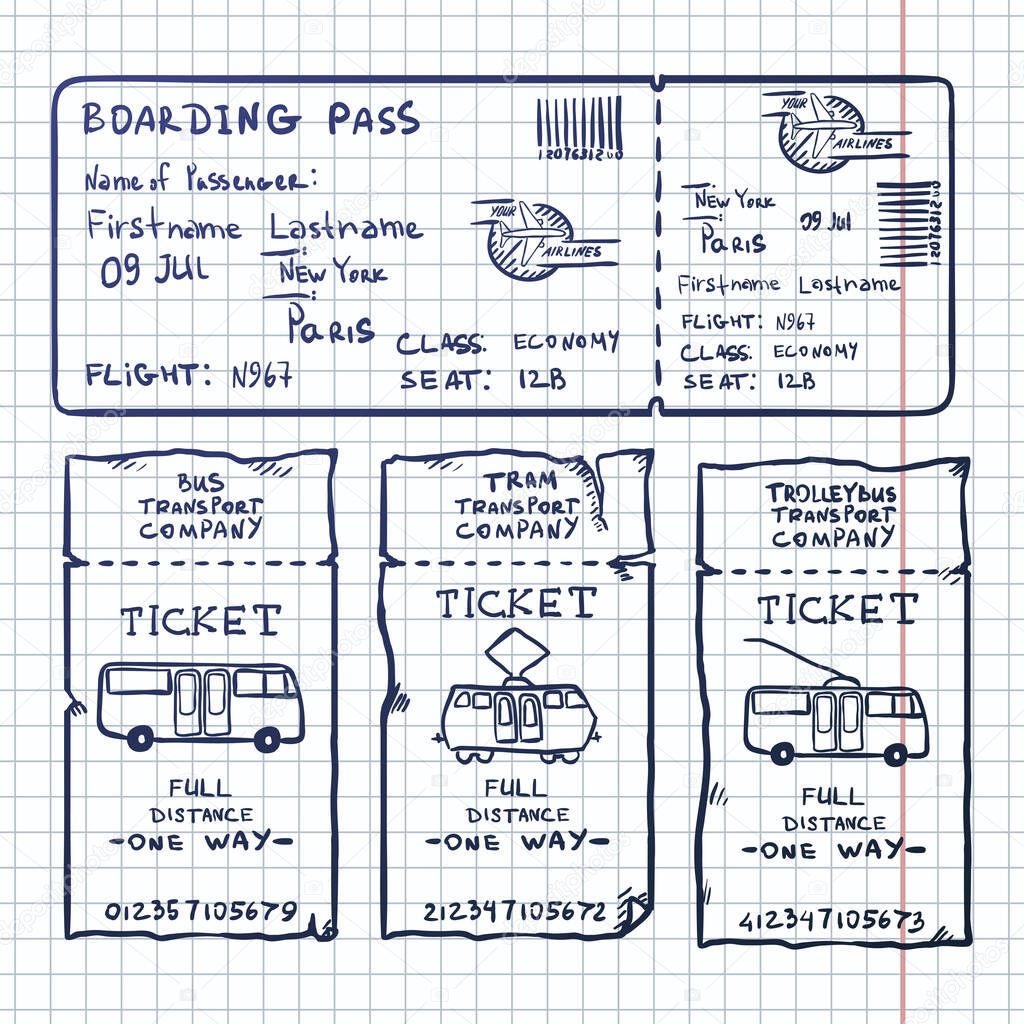 Vector Set of Sketch Tickets for Plane, Bus, Tram and Trolley Bus on Checkered Background